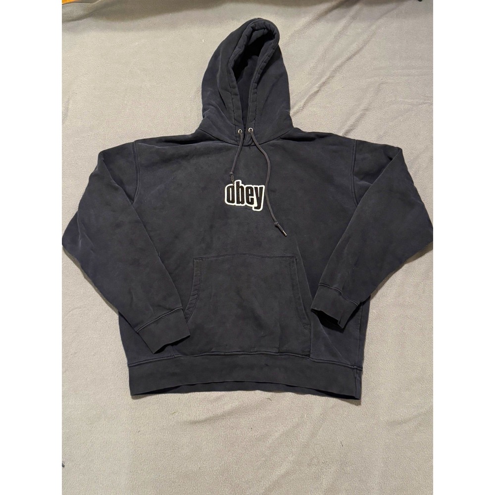 OBEY Men's Black Pullover Hoodie Logo Pockets Drawstring Fleece Size L